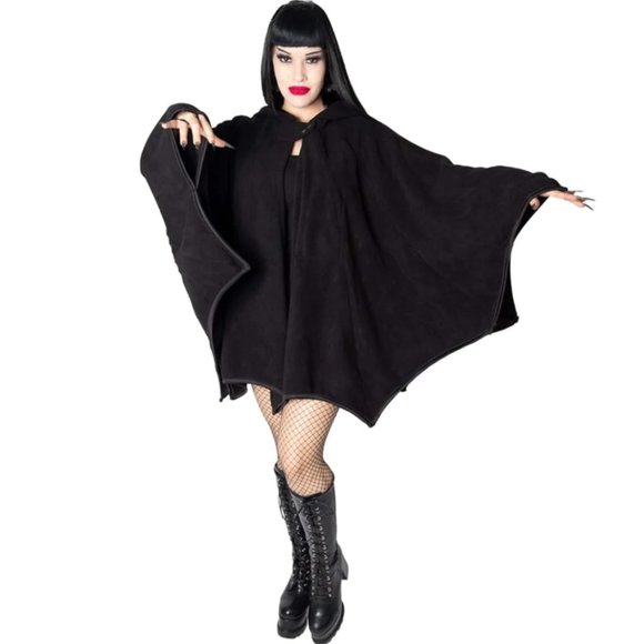 Black Web Hooded Cape Bat Wing Fleece 2 Sizes NWT S-XL 2XL-4XL - Picture 5 of 8